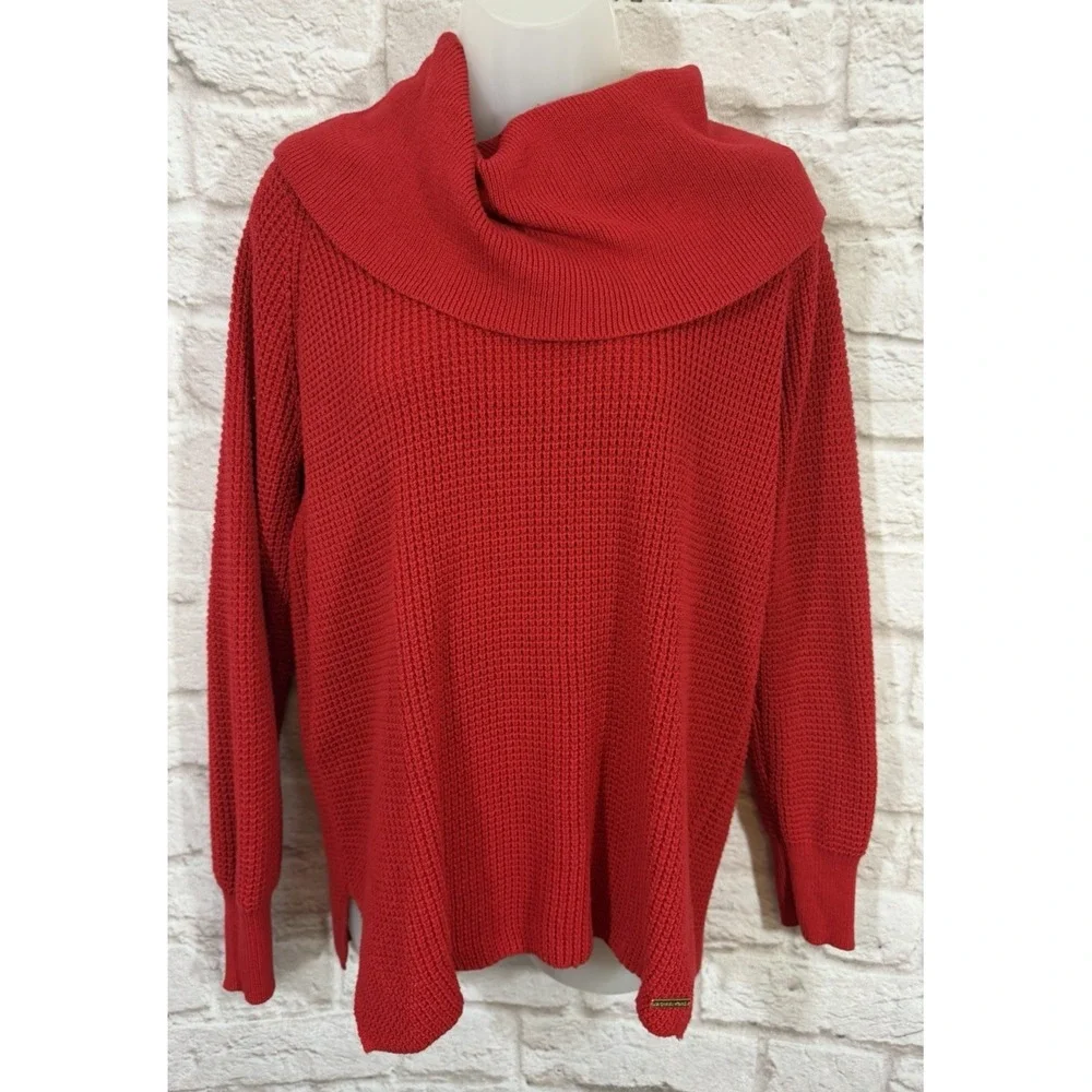 Michael Kors Pullover Sweater M Red Pullover Cowl Neck Waffle Knit Oversized